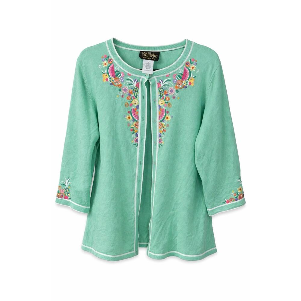Bob Mackie Wearable Art Cardigan XL Mint Fruit Floral Embroidered Coastal Boho